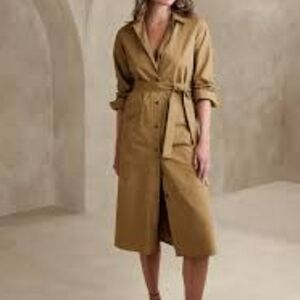 Banana Republic Poplin Midi Dress Tall Medium Tan Brown Long Sleeve Belt Pockets